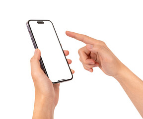 Hand using smartphone with blank screen isolated on white background.