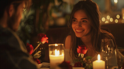 Happy girl excited by boyfriend's proposal with red roses during candle light dinner at home - concept of valentines day, relationship and romantic couple.