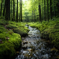 Obraz premium A serene forest scene featuring a flowing stream surrounded by mossy banks and tall trees, creating a peaceful, natural atmosphere.
