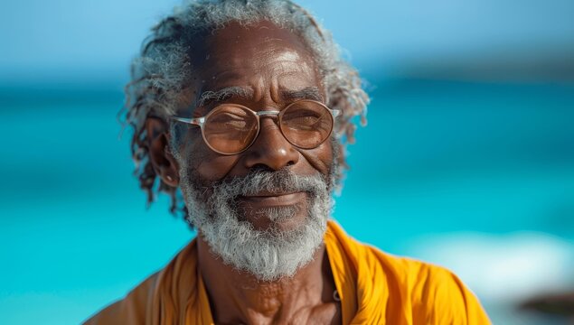 Smiling African American Senior Man with Grey Hair and Beard Enjoying Beach on Sunny Day