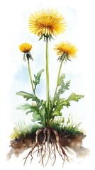 Obraz premium Watercolor painting of three dandelions with roots, against a blue sky.