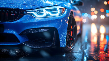 Blue Sports Car Headlights In The Rain, Realistic Photo