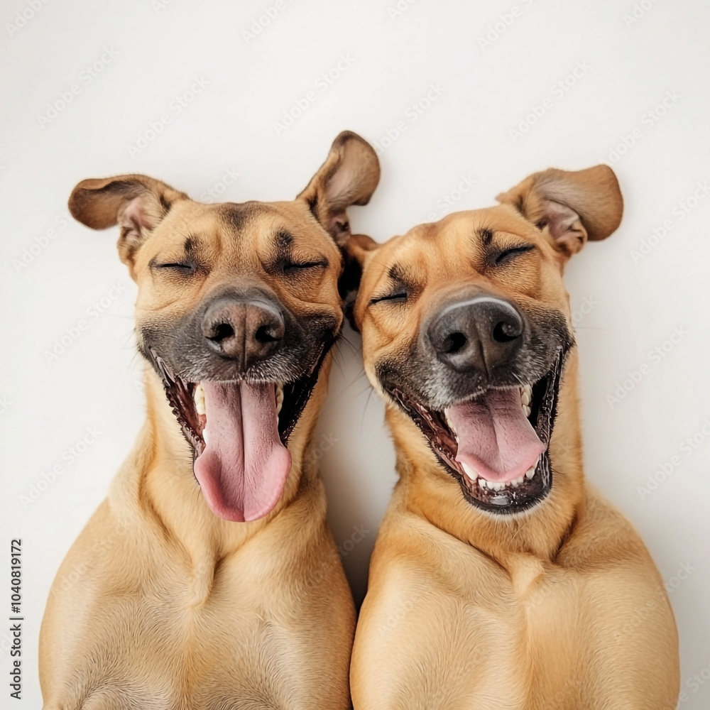 Wall mural 2 big dogs happily lying on a white background