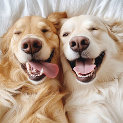 Joyful Pair of Dogs Lying Comfortably on a White Backdrop