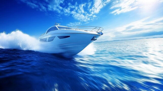 A speeding yacht gliding through deep blue waters under a bright sky, capturing the thrill of ocean adventures at sea