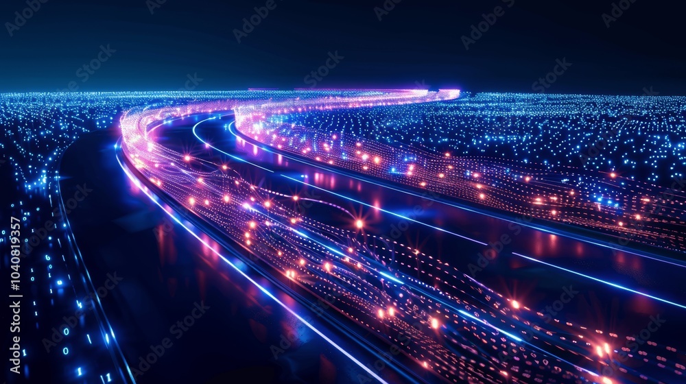 Aufkleber Futuristic Digital Highway with Binary Code and Light Trails - Big Data and Technology Concept - 3D Illustration