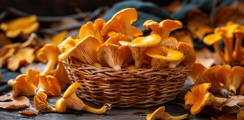 fresh chanterelle mushrooms in rustic wicker basket on old wooden table, eco-friendly healthy food, nature's purest form