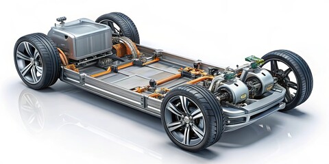 A detailed cutaway illustration of a futuristic electric vehicle chassis revealing its intricate mechanical and electrical components, showcasing the advanced technology behind modern transportation.