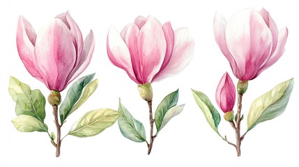 Watercolor painting of three pink magnolia flowers with leaves and a bud on white background.