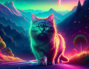 A cute kitten roams the woods, glowing with neon lights and colorful powder.