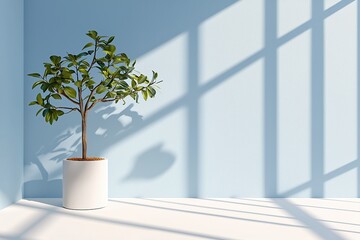 A potted green plant in a modern room, casting shadows on a light blue wall.