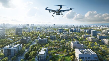 A high-altitude drone capturing a panoramic view of a smart city integrating renewable energy solutions, Sustainable urban development style, photo of