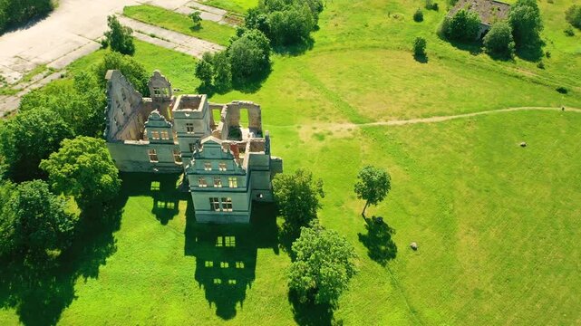 Aerial 4K video from drone to Ungru manor a sunny summer day. Haapsalu, Estonia (Series)