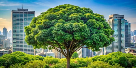Fototapeta premium A lush canopy of leaves creates a natural haven amidst a towering cityscape, offering a glimpse of serenity in a bustling urban environment.