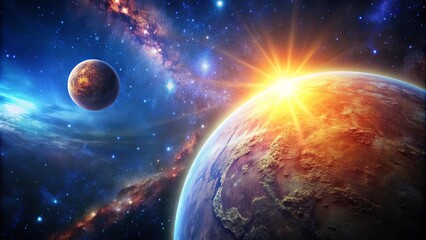 A Cosmic Dawn Illuminates a Distant World, With a Glowing Star and Distant Planets Amidst a Tapestry of Stars