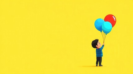 Lovable toddler holding a balloon, flat design, front view, birthday party theme, animation, colored pastel