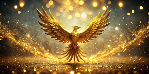 A majestic golden bird with outstretched wings, a symbol of rebirth and triumph, stands amidst swirling stardust and ethereal light.