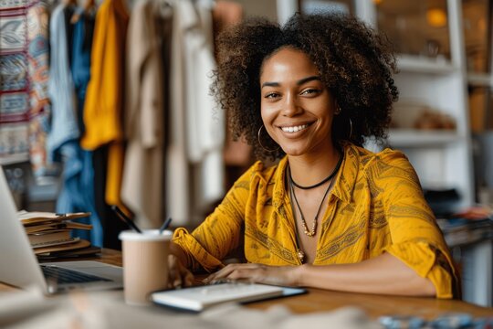 Smiling fashion designer with afro taking notes while working from home office near laptop and coffee cup with clothing rack in the background