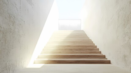 Fototapeta premium Wooden Staircase Leading Upwards to Bright Light Source in a White Room