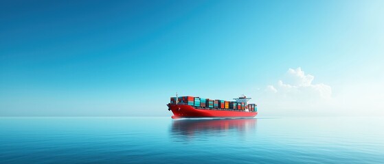Cargo ship sailing on calm waters under a clear blue sky.