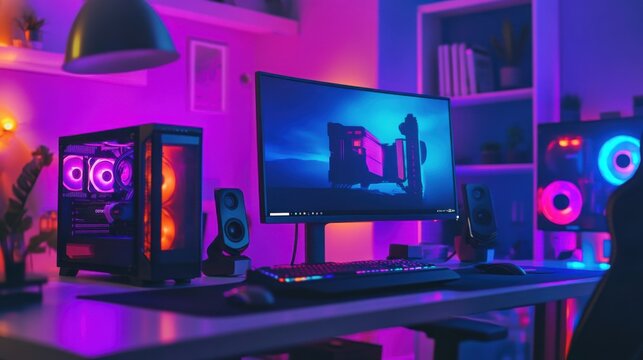 A high-performance gaming PC with customizable RGB lighting, sleek setup with minimalistic design, Innovative style