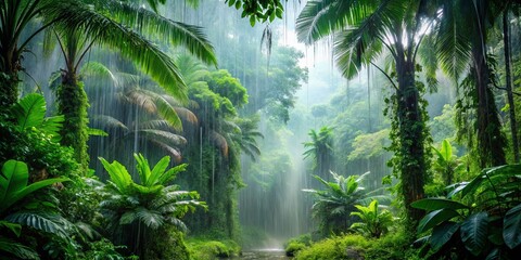 Naklejka premium A Lush Canopy of Greenery Bathed in the Gentle Embrace of Rain, A Symphony of Nature's Serenity