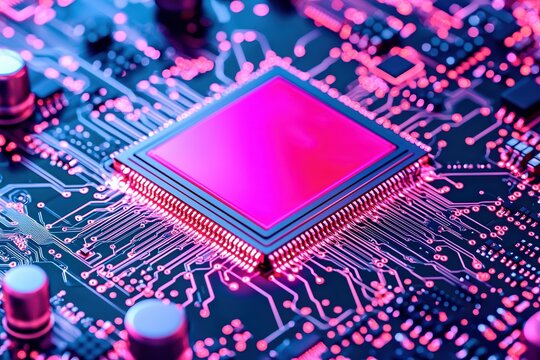 Close-up of a vibrant microprocessor on a circuit board with intricate electronic connections.