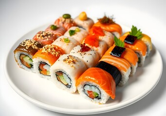 Plate of assorted sushi rolls with colorful toppings, isolated on white background