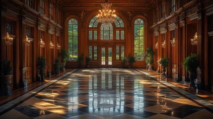 Fototapeta premium Elegant interior with ornate architecture and polished flooring.