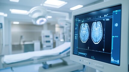 A high-resolution touch screen medical imaging device, in a clean, modern hospital room