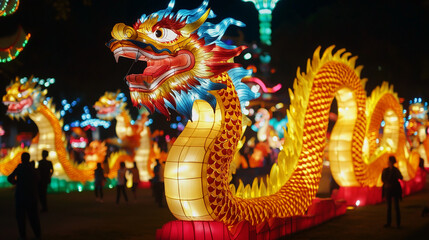 Obraz premium Taiwan Lantern Festival, a large park filled with giant dragon-shaped lanterns, neon lights decorate the night, AI generated images