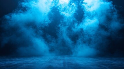 Abstract background of blue color with dark gradient, smoky and smoke on the floor
