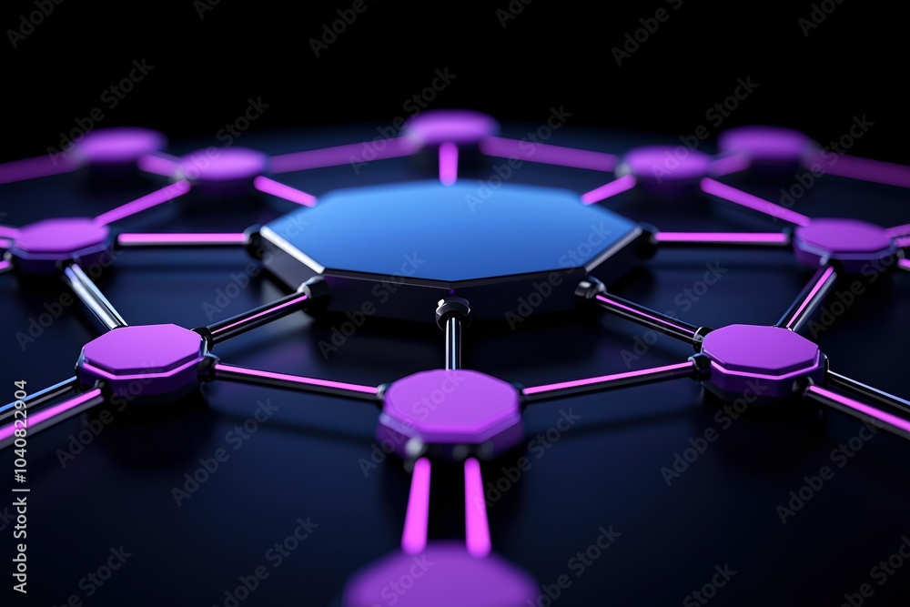 Poster digital network structure with hexagonal nodes in purple and black colors, representing connectivity