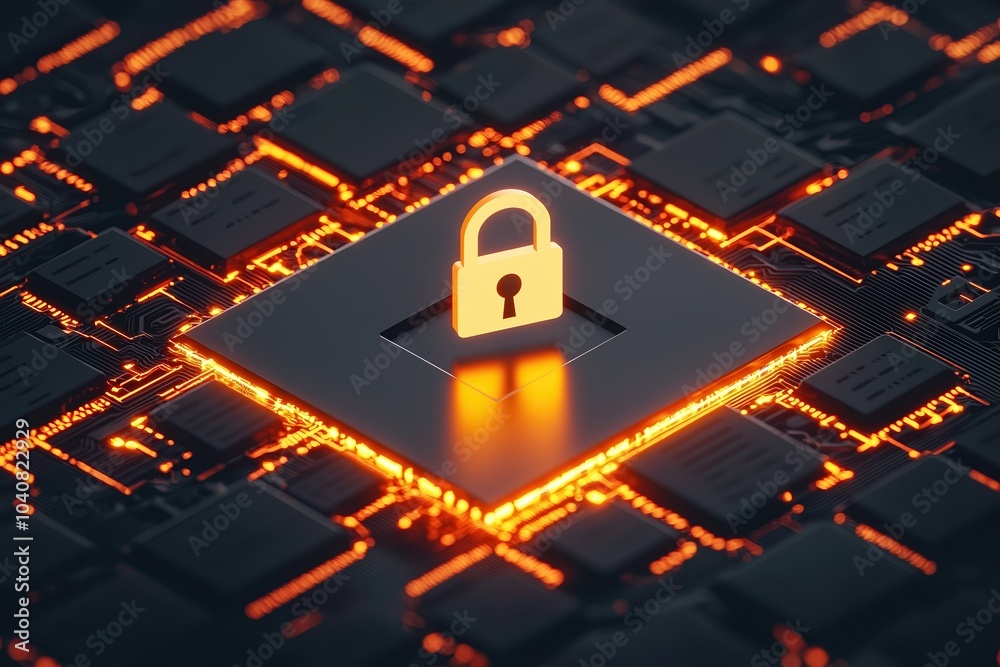 Poster digital security concept with padlock symbol over computer circuit board.