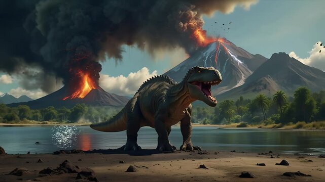 A dinosaur is under an erupting volcano. Seamless 4K looping timelapse video animation background