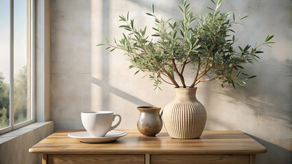 Fototapeta premium Neutral Mediterranean home design. Textured vase with olive tree branches, cup of coffee.