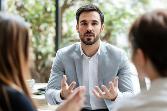 A business manager teaching burnout prevention to employees during a wellness meeting in the office