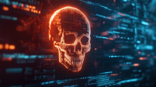 A glowing red skull icon embedded in a digital binary code background.