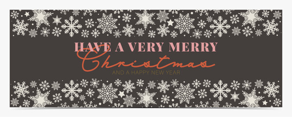 Christmas greetings banner with white snowflakes on dark gray background and colorful text © mimi