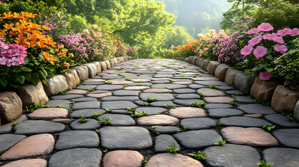 Obraz premium Cobblestone Path Through a Lush Garden - 3D Illustration