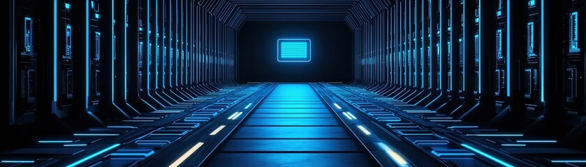 Obraz premium Futuristic corridor with glowing blue lights and a central screen, showcasing modern design and innovation.