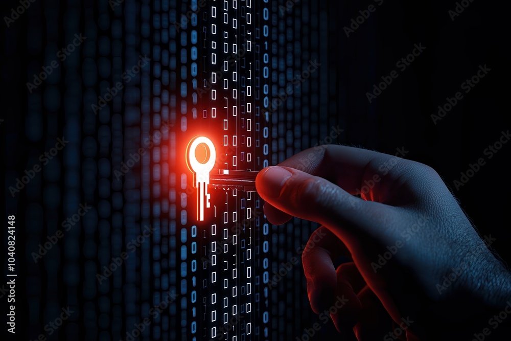 Poster hand holding a key over glowing binary code, representing digital security and access.