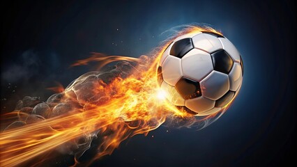 Fototapeta premium A blazing soccer ball, a spectacle of passion and fiery determination, cuts through the air leaving a trail of incandescent energy.