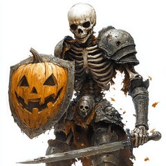 Obraz premium Spooky Skeleton Knight with Pumpkin Shield