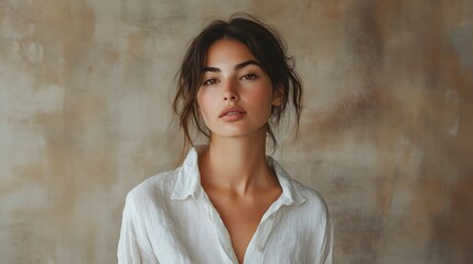 Woman in a white linen shirt. 
