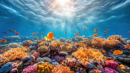 Naklejka premium Vibrant coral reef teeming with colorful fish and sunlight.