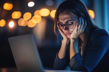 A business professional showing signs of burnout from long hours, hands on face and deep sighs