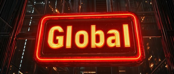 Illuminated neon sign reading 'Global' in a modern urban setting.