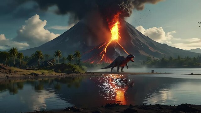 A dinosaur is under an erupting volcano. Seamless 4K looping timelapse video animation background