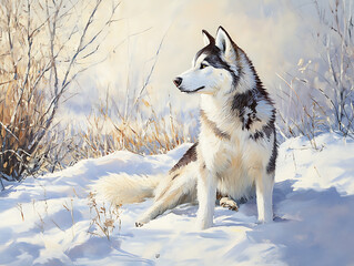 Naklejka premium Adorable Siberian Husky painting illustration
